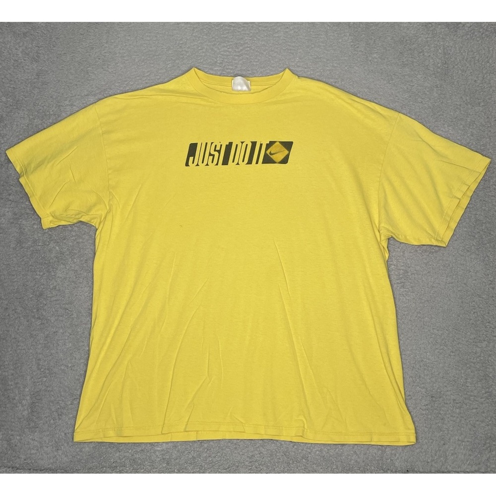 Vintage 90s Nike T-Shirt Mens 2XL Yellow‎ Center Swoosh Spell Out Made In USA